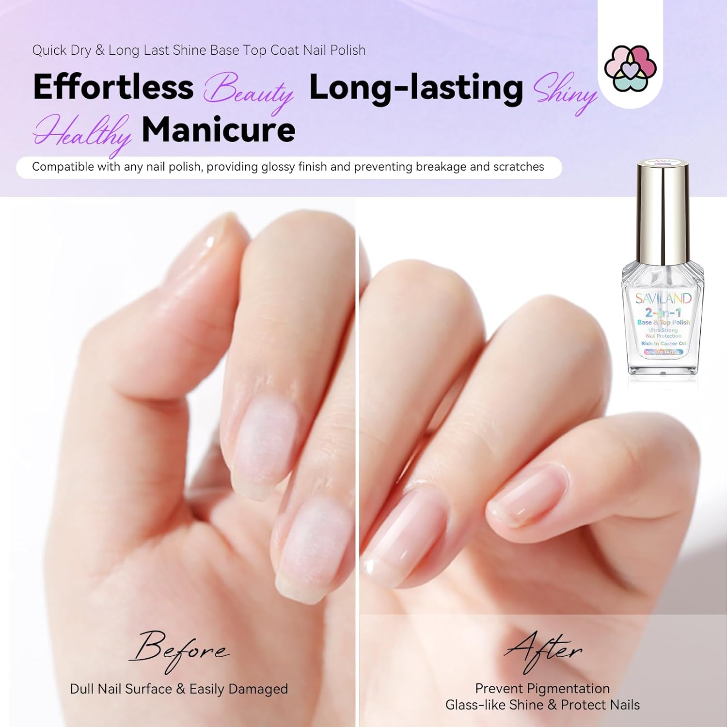 SAVILAND Clear Nail Polish Base Top Coat: 2 in 1 Quick Dry Nail Polish Long Lasting Fingernail Toe Polish Color Protection Resists Smudging, Chipping and Fading Shine Finish Polish Salon Home Nail Art-Velvo Beauty