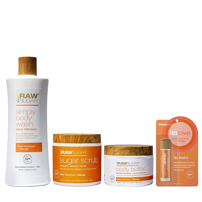 Raw Sugar Nourishing Raw Coconut + Mango Body Love Bundle - Body Wash, Body Scrub, Body Butter & Lip Balm, Clean, Made with Plant-Derived Ingredients, Formulated without Sulfates and Parabens-Velvo Beauty