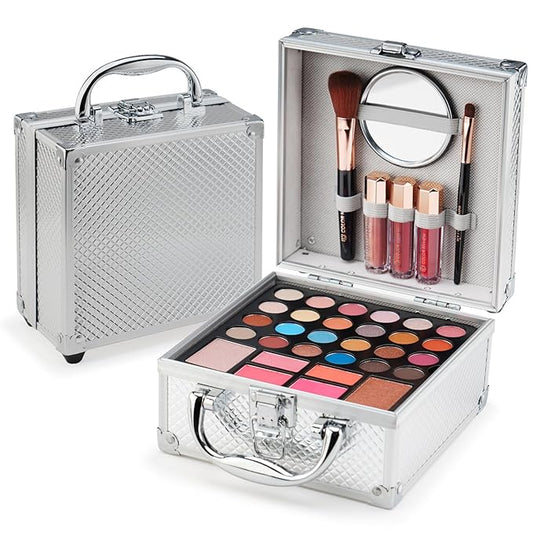 Color Nymph Beginner Makeup Kit For Teens With The Small Cosmetic Train Case Included 24-Colors Eyeshadow Palette Blushes Bronzer Highlighter Lipstick Brushes Mirror(Silver)-Velvo Beauty