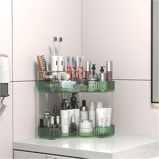 2 Tier Corner Bathroom Organizer Countertop, Vanity Makeup Organizer with Brush Holder, Space-Saving Skincare Storage Corner Shelf for Bathroom, Dressing Table, Kitchen-Velvo Beauty