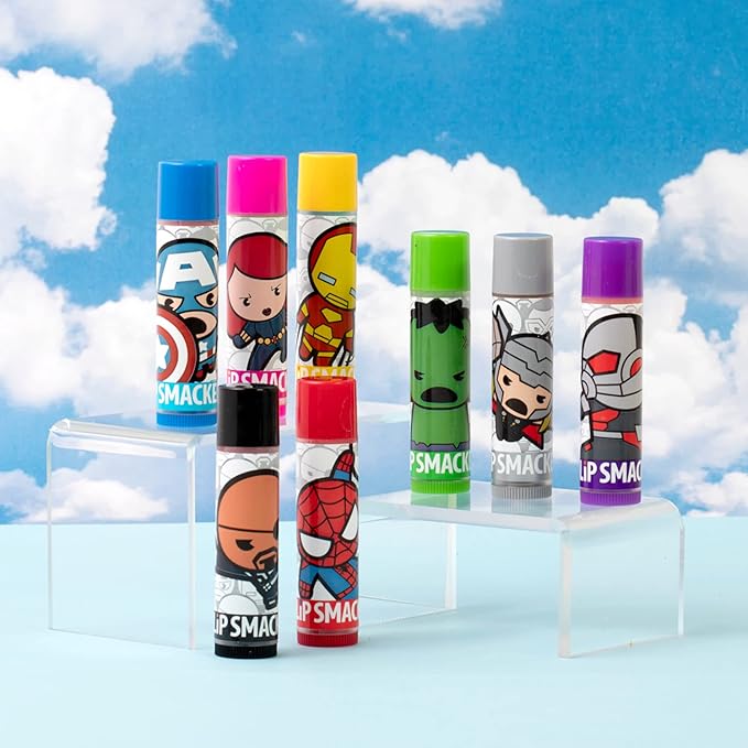 Lip Smacker Marvel Avenger Flavored Lip Balm Party Pack 8 Count, Super Hero, Spirderman, Iron Man, Captain America, Clear, For Kids-Velvo Beauty