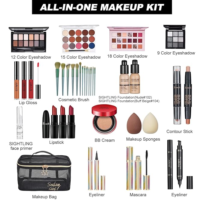 All In One Makeup Kit, Travel Makeup Kit, Makeup Kit for Women Full Kit, Makeup Gift Set for Women & Girls, Includes Foundation Eyeshadow Palette Lipstick Eyeliner Mascara Cosmetic Brush Set-Velvo Beauty
