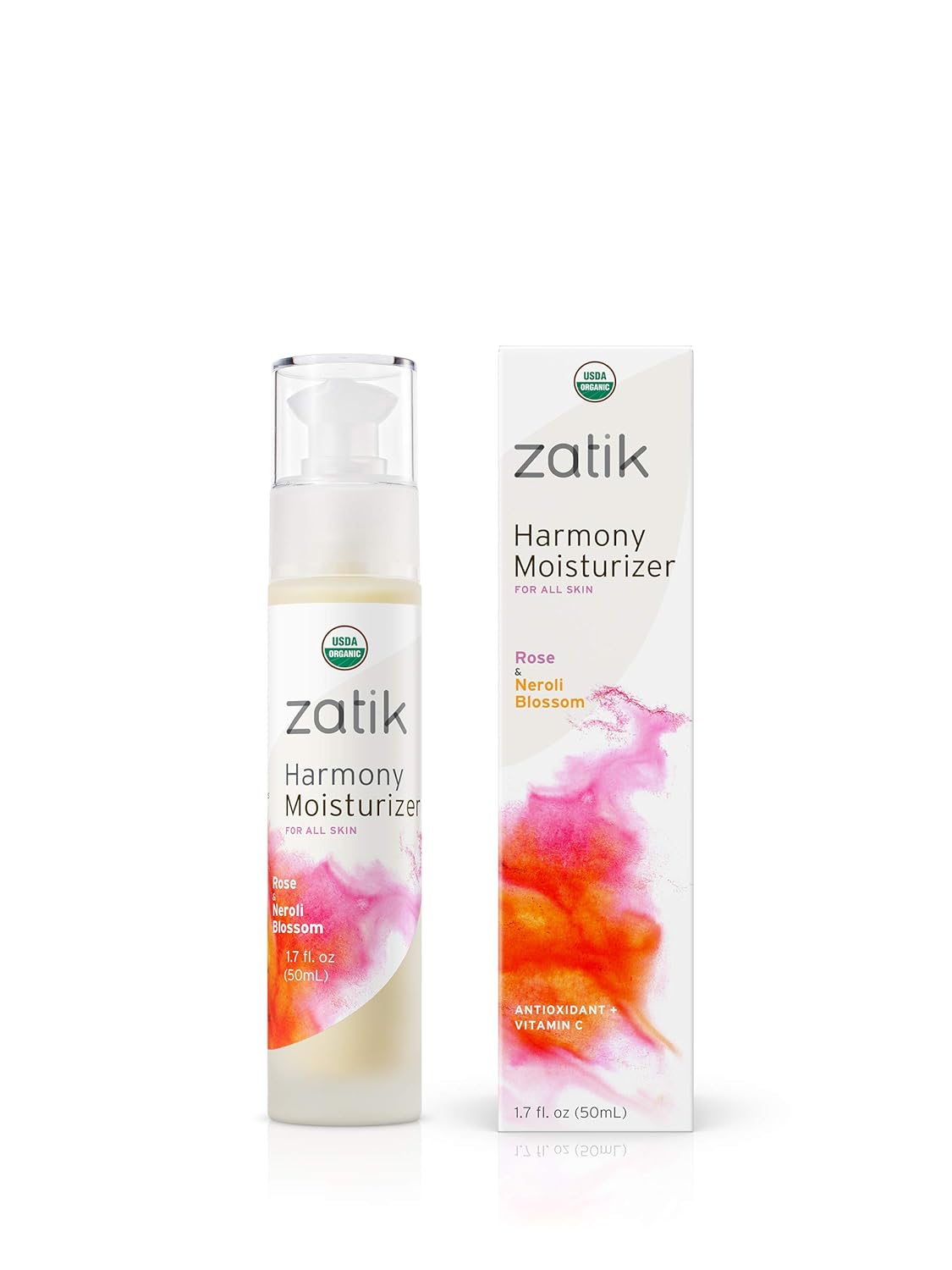Zatik Naturals - Harmony Moisturizer with Rose and Neroli Blossom, USDA Organic, Vegan, Non GMO, Gluten Free, Soy Free, Alcohol Free, pH Balanced, Biodegradable, 1.7 fl oz 50ml-Velvo Beauty