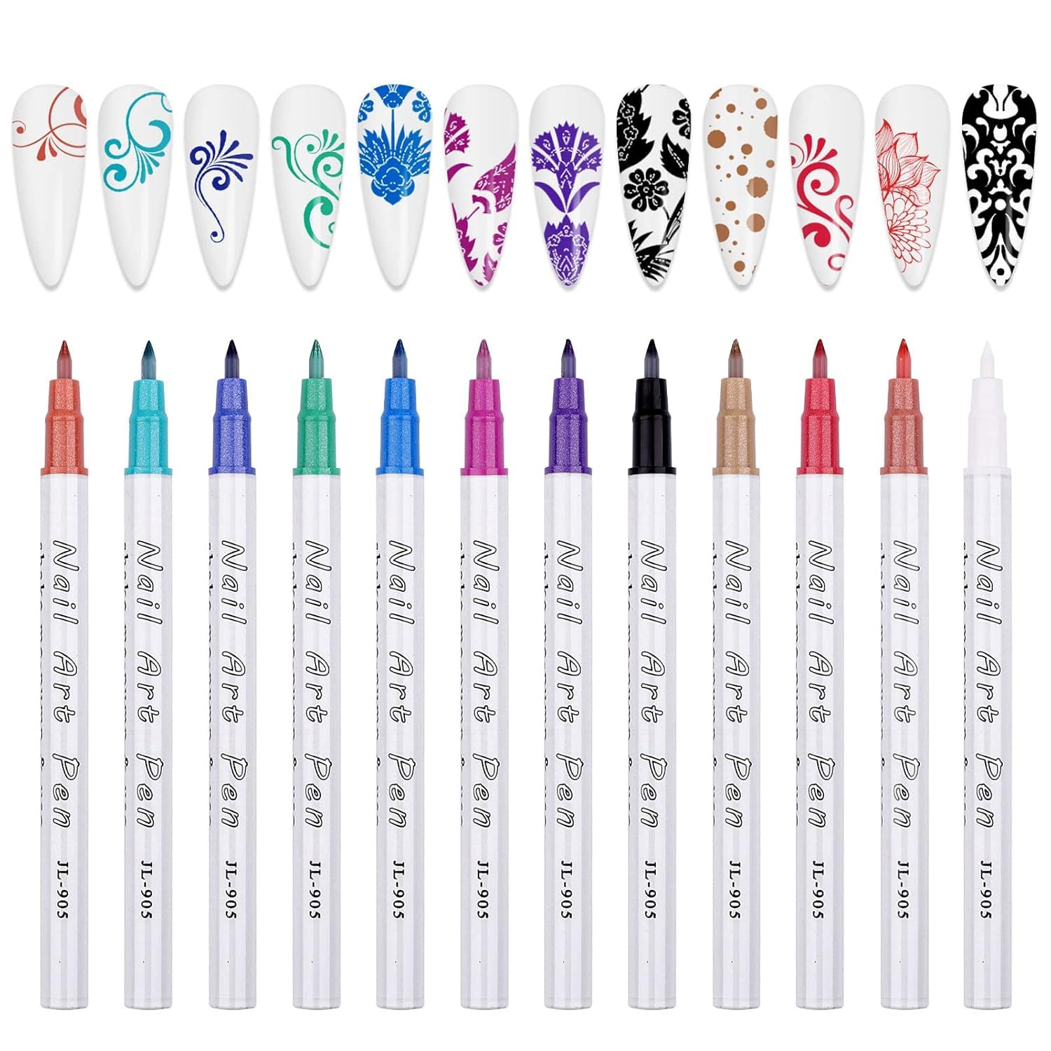 12 Color 3D Nail Art Pens Set, Kalolary Nail Point Graffiti Dotting Pen Drawing Painting Liner Brush for DIY Nail Art Beauty Adorn Manicure Tools-Velvo Beauty