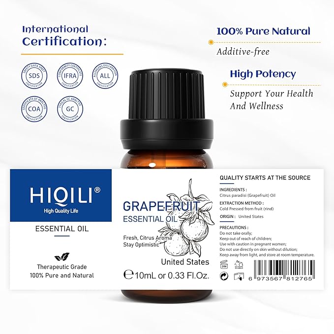 HIQILI Grapefruit Essential Oil, for Diffuser, Skin Care, 100% Pure and Natural - 0.33 Fl Oz-Velvo Beauty