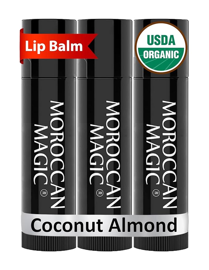 Moroccan Magic Organic Coconut Almond Lip Balm 3 Pack | Ultra-Hydrating Argan & Essential Oil Lip Moisturizer + Vitamin E | Natural Chapstick for Dry Lips | Smooth, Non-Toxic | Organic Lip Balm-Velvo Beauty