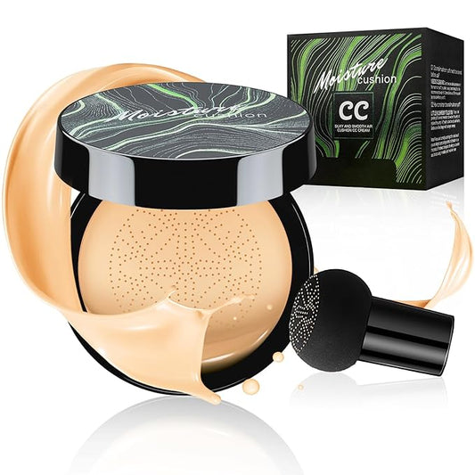 Mushroom Head Air Cushion CC Cream Foundation - Moisturizing & Long-Lasting BB Cream Concealer Makeup Base for All Skin Types, Brighten Long - Lasting Even Color Correcting Concealer (Buff Beige)-Velvo Beauty