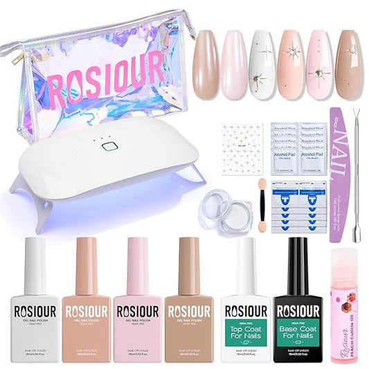 Gel Nail Polish Kit with U V Light, Hema-Free White Light Nude Pink Summer Gel Polish Set with Base & Top Coat Chrome Nail Powder, 4 Colors Mini Salon Nail Art Starter Gift for Women Girl-Velvo Beauty