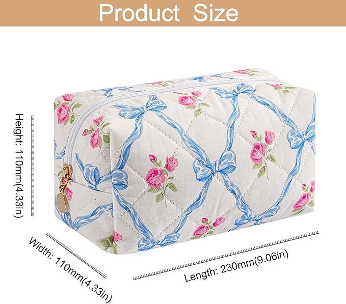 Makeup Bag Travel Cosmetic Bag for Women Girls, Zipper Make Up Pouch, Floral Flowers Toiletry Organizer Makeup, Portable Storage Bag, Cosmetic Travel Cloth Bag (Blue Bowknot/Gold Zipper)-Velvo Beauty