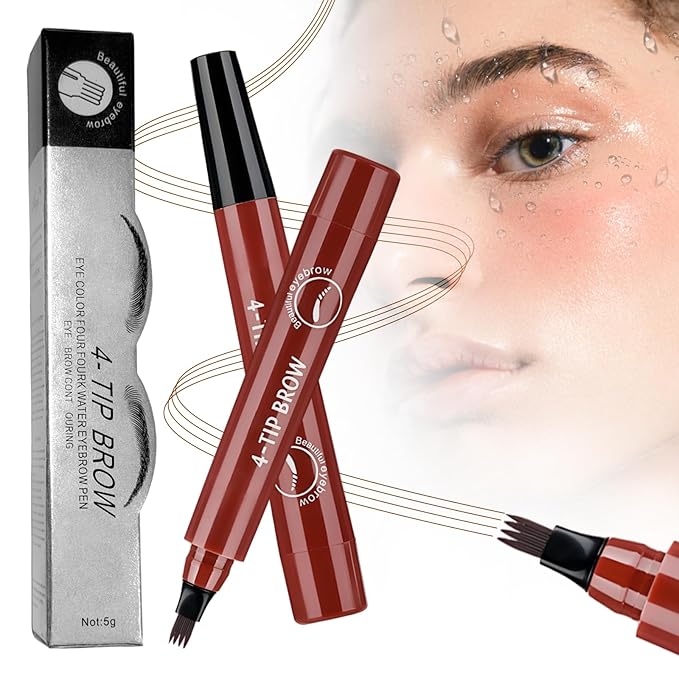 2025 New Magic Eyebrow Pencil, 3D Waterproof 4 Tipped Precise Brow Pen Microblading Eyebrow Pencil Contouring Pen Fine Stroke Microblading Creates Natural (Red Brown)-Velvo Beauty