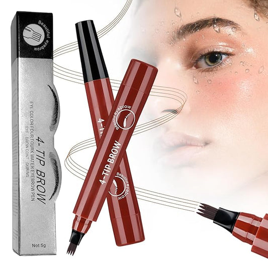 2025 New Magic Eyebrow Pencil, 3D Waterproof 4 Tipped Precise Brow Pen Microblading Eyebrow Pencil Contouring Pen Fine Stroke Microblading Creates Natural (Red Brown)-Velvo Beauty