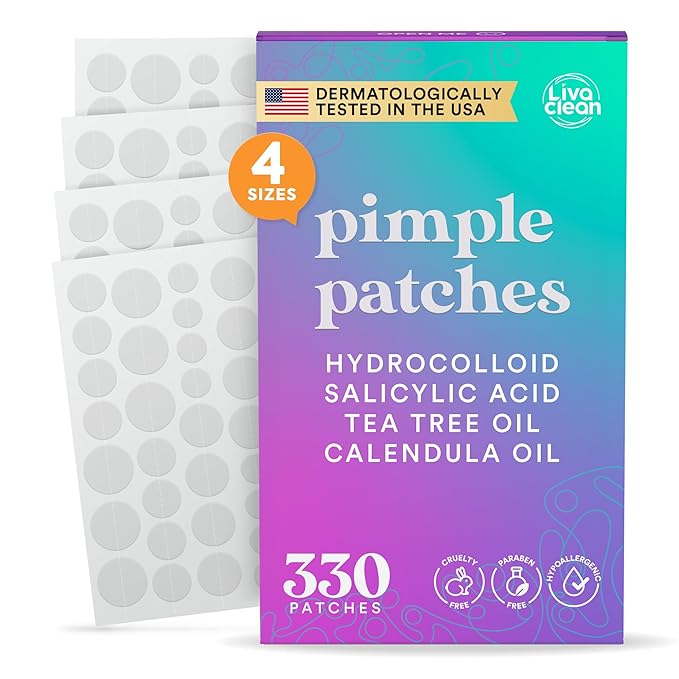 LivaClean 330 CT Pimple Patches for Face w/Salicylic Acid, Tea Tree Oil & Calendula Oil - Four Sizes - Pimple Patch, Hydrocolloid Patch, Acne Patches for Face-Velvo Beauty