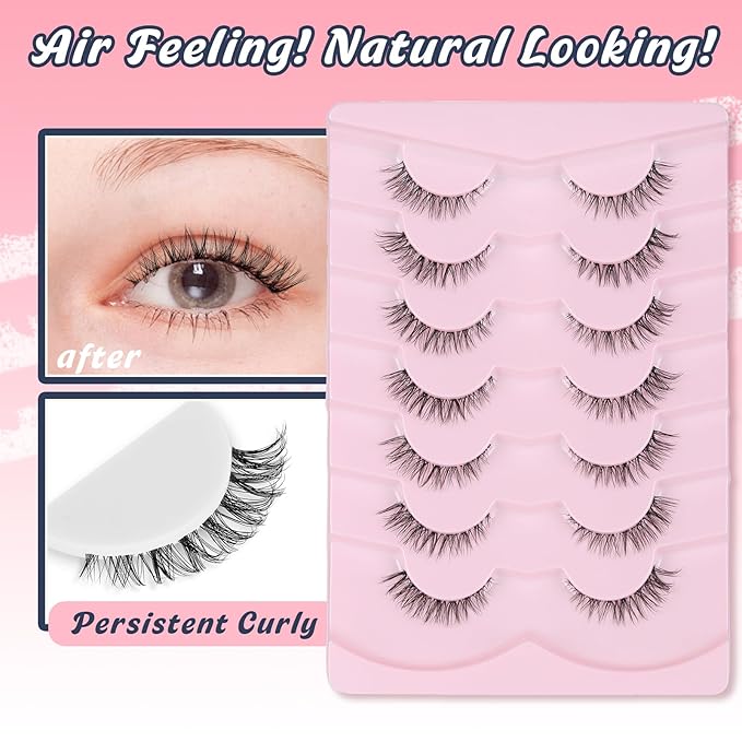 Cat Eyelashes Wispy False Eyelashes Natural 12mm Short Lashes with Thin Band Fake Eyelash 3D Volume Strip Lashes Siligli Eyelash Pack 7 Pair-Velvo Beauty