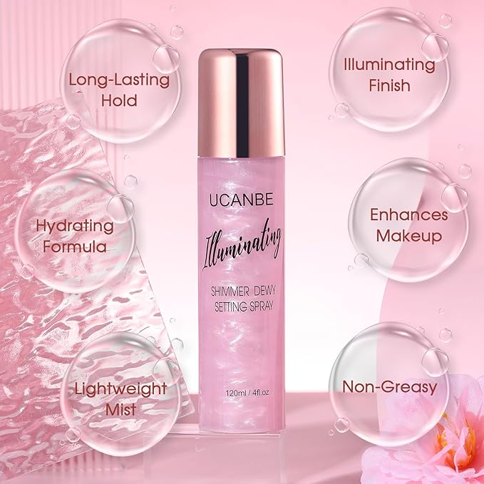 UCANBE Shimmer Dewy Setting Spray – Glowing + Makeup Setting Spray 2 in 1 Lightweight Formula for a Radiant Glow,Long-Lasting Face Mist for Face Body, 4 Fl Oz #Bubblegum-Velvo Beauty