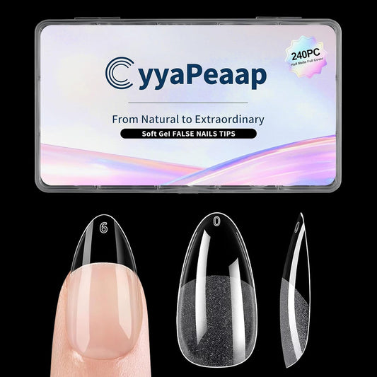 Almond Nail Tips Soft Gel Nail Tips 240Pcs Pre-Shaped Medium Pointed Almond Nails Half Matte Full Cover Acrylic Clear Press on Fake Nails Tips for Extension Nail Art DIY Manicure Salon 12 Sizes-Velvo Beauty