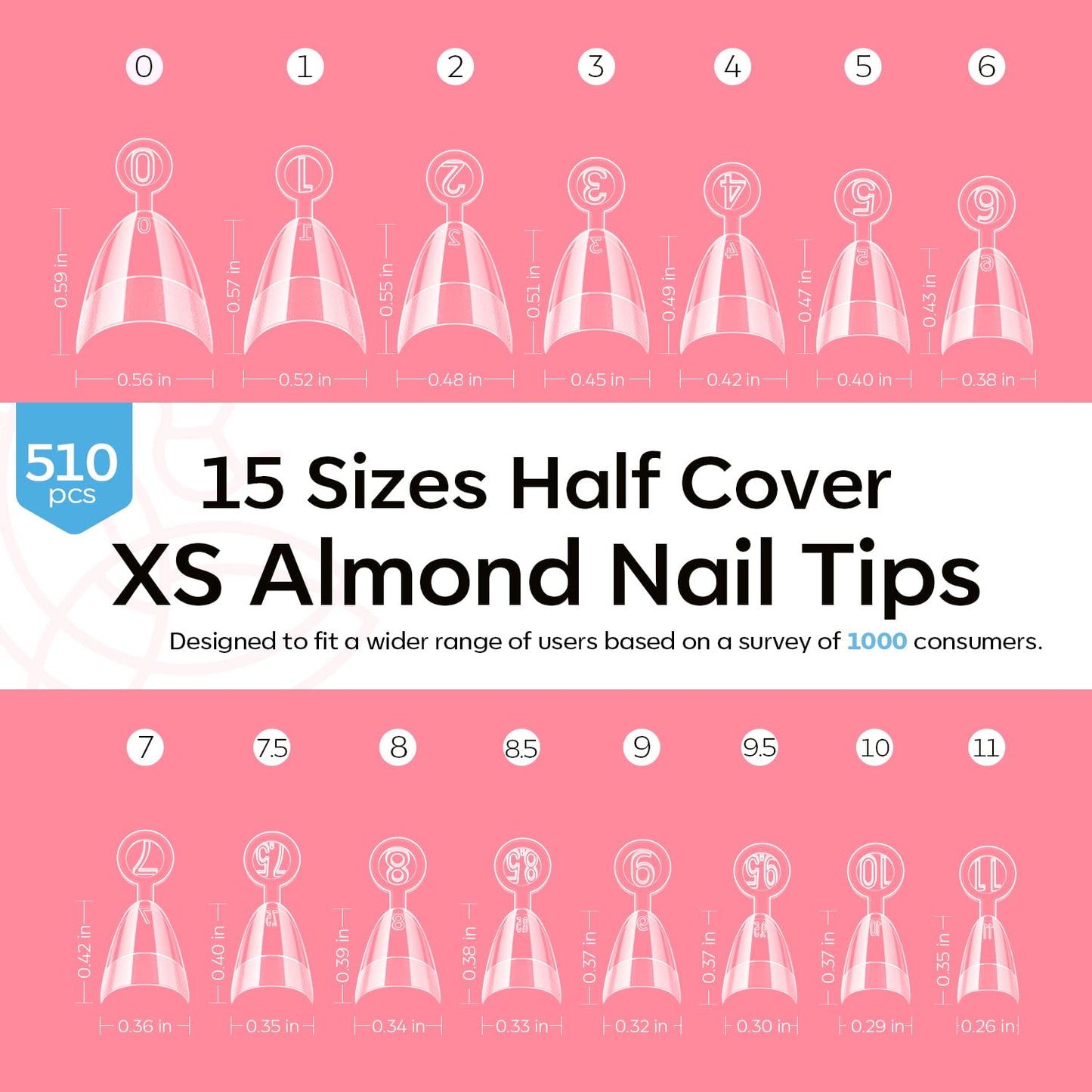 Modelones Extra Short Almond Fake Nail Tips - 510Pcs Half Cover Gel Tips Pre-shaped Clear Acrylic Gel Kit False Press on Nails for Extension DIY Salon 15Sizes-Velvo Beauty