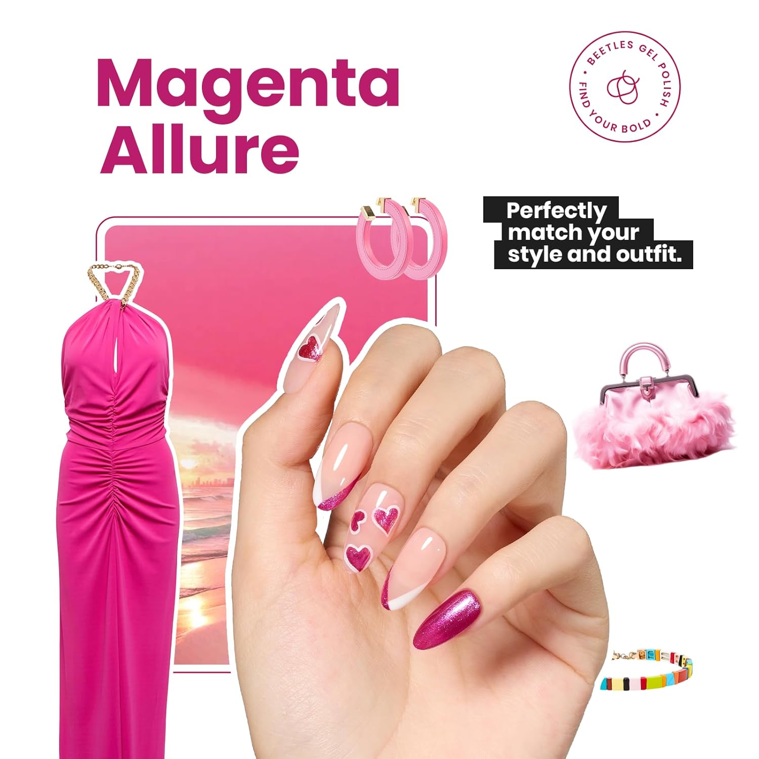 Beetles Hot Pink Nail Polish 15ml, Valentines Day Gifts for Women Fast Drying & Long Lasting Glitter Nail Polish Pink Nail Lacquer Glossy for DIY Nail Salon-Quality Results-Velvo Beauty