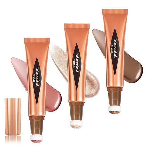 3 Pcs YU KUI LX Liquid Beauty Stick, Highlighter Makeup, Blush Stick, Liquid Highlighter, Contour StickMultifunctional Beauty Stick，Beauty Cream With Cushion Applicator (01#+03#+05#)-Velvo Beauty