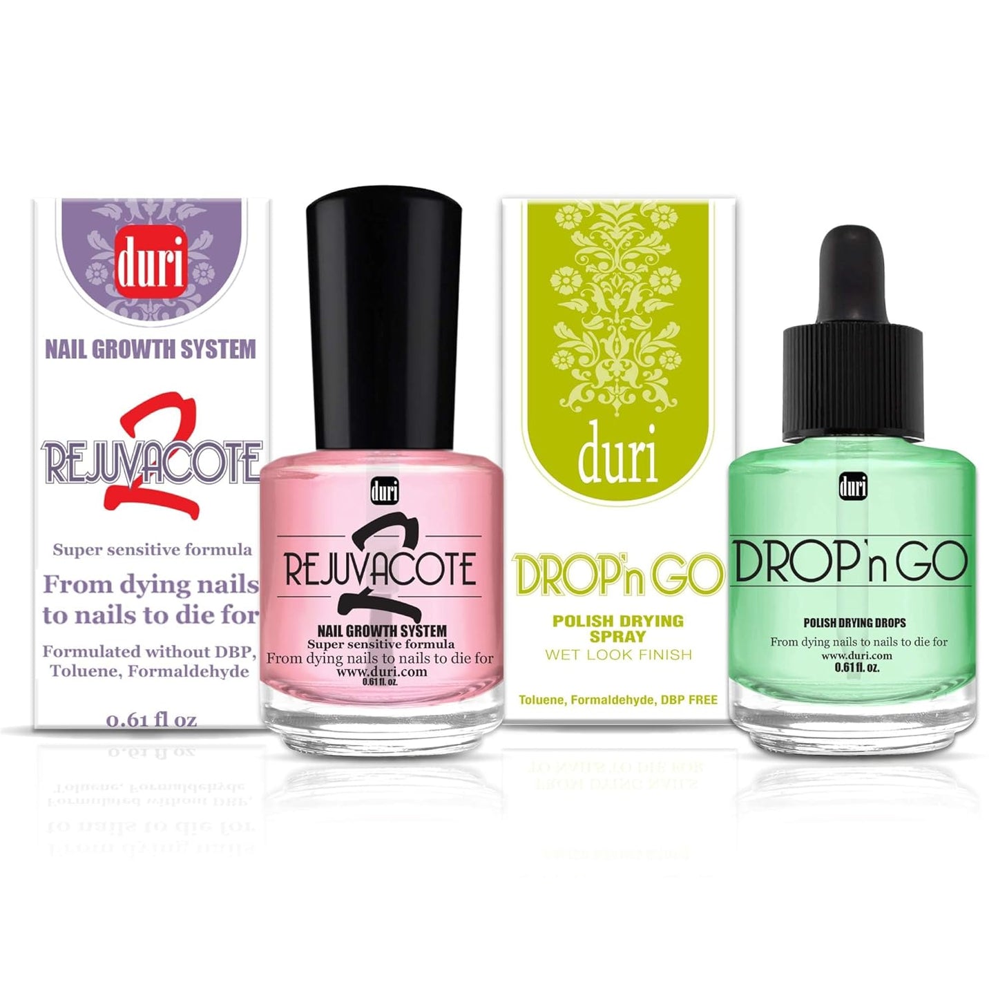 duri Rejuvacote 2 Nail Growth System Base and Top Coat, Drop'n Go Nail Polish Drying Drops - Nails Hardening, Growth, Damage Repair, Chipping, Breaking and Brittle Treatment (0.61 fl.oz) Combo Pack-Velvo Beauty