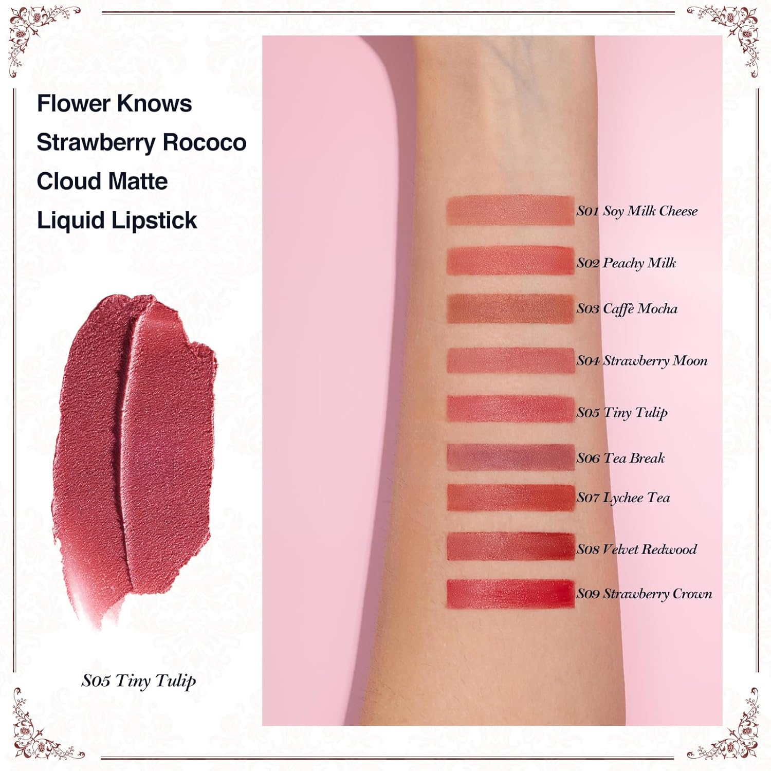 Flower Knows Strawberry Rococo Cloud Lip Cream,Velvety Matte Liquid Lipstick,Pink Lipstick,Long Lasting Lip Stain,Kiss-proof Blurred Lipstick for Girls&Women,0.12 Fl Oz(S05 Tiny Tulip)-Velvo Beauty