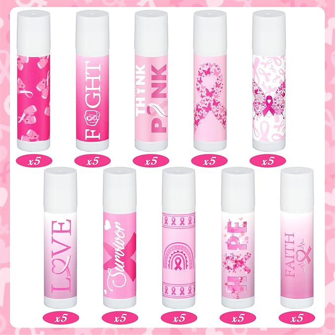 50 Pack Breast Cancer Awareness Favors Bulk Lip Balms Gifts Pink Ribbon Lip Balms Favors Breast Cancer Awareness Month Accessories Support Party Items Decorations for Women Men Survivors-Velvo Beauty
