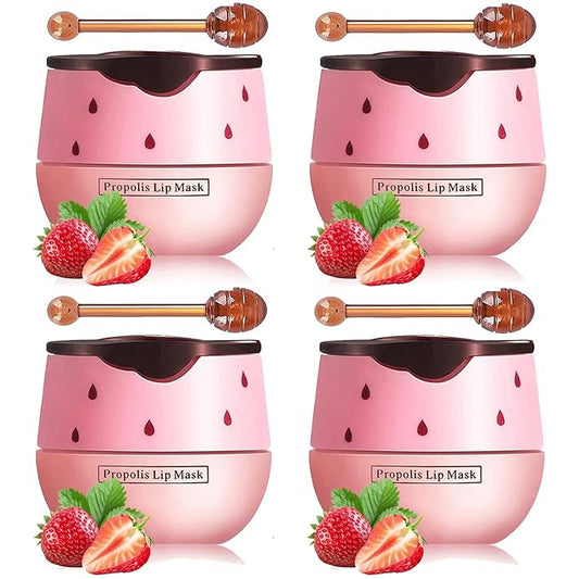 Honey Lip Balm Pot, Propolis Lip Mask, Strawberry Hydrating Propolis Lip Sleeping Mask, Prevent Dry&Cracked, Lip Repair Nourishes the Lip Skin (4pcs Strawberry)-Velvo Beauty