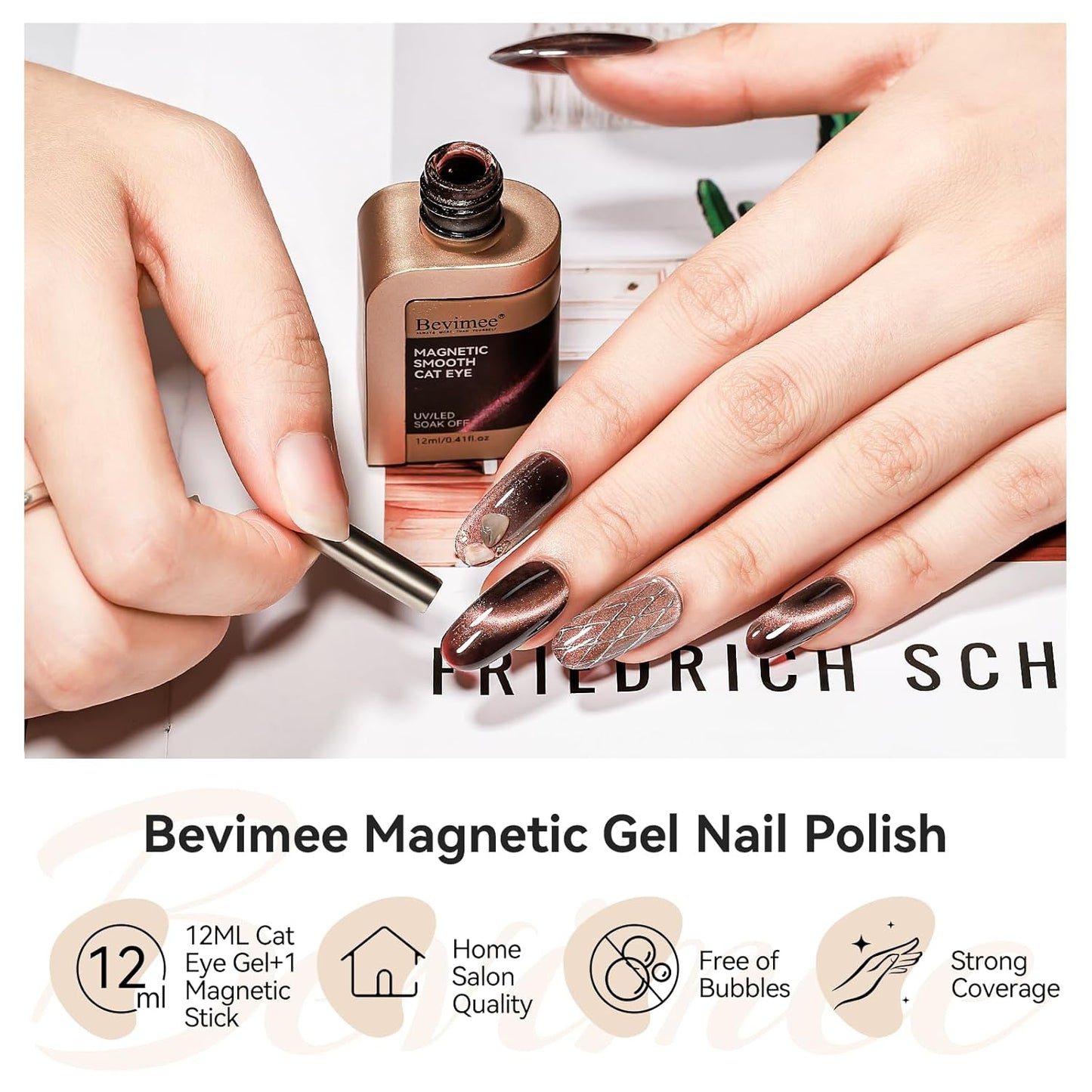 Cat Eye Nail Polish, Dark Brown, Moonlight Magnetic Gel Nail Polish With Magnet Stick, Glitter Holographic Shimmer UV Velvet Gel Nail Art Manicure Salon DIY Home, 12ML-Velvo Beauty