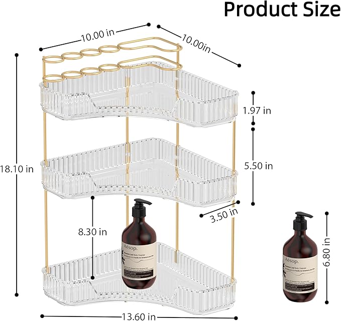Makeup Organizer Countertop 3 Tier, Corner Bathroom Countertop Organizer with Toothbrush and Makeup Brush Holder, Corner Vanity Tray for Skincare Organization-Velvo Beauty