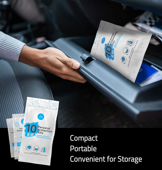 All-in-One Personal Protection Kits to GO - 10 Pack - With Plastic Gloves, Hand Cleansing Wipes, Disposable Face Mask-Velvo Beauty