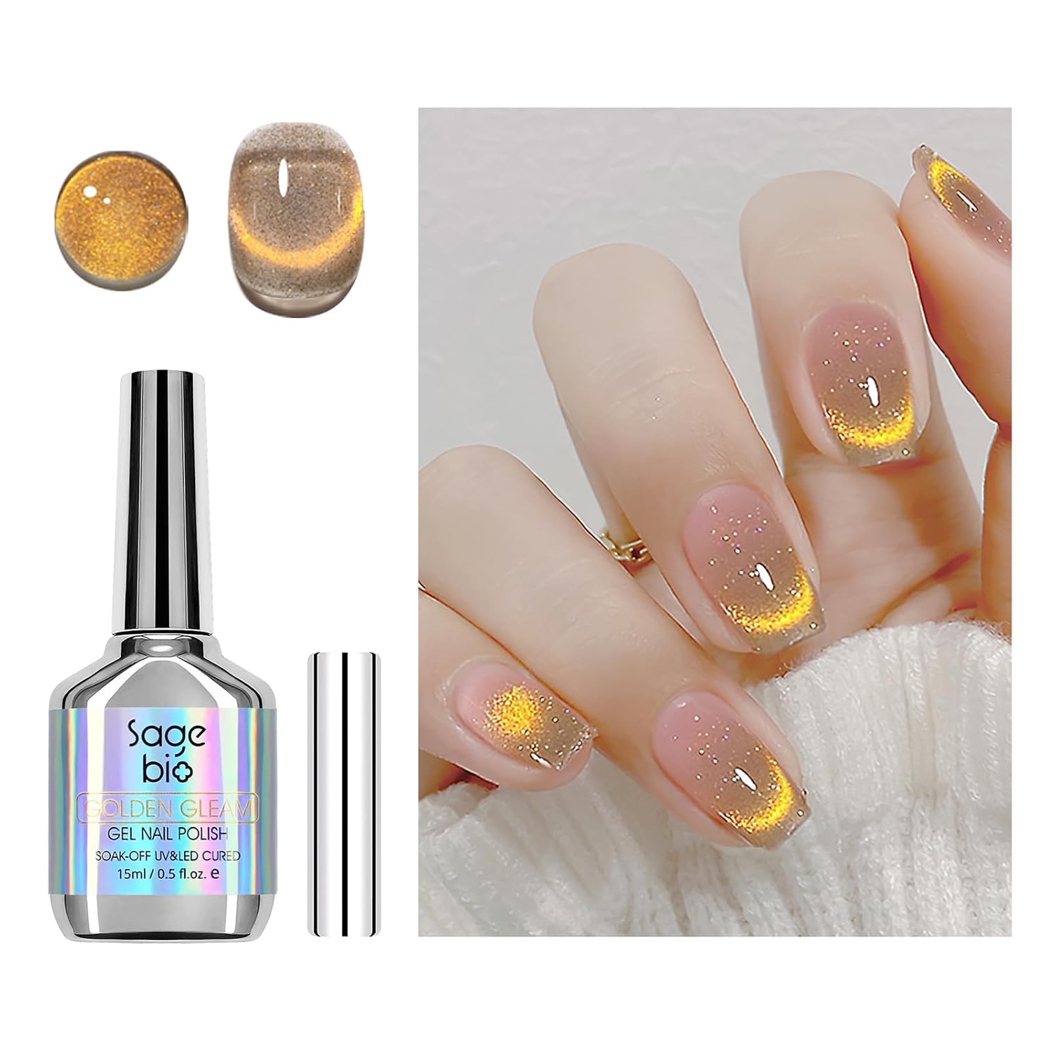 Cat Eye Gel Nail Polish with Magnet Stick, 15ml Glitter Holographic Nail Polish, Magnetic Effect Gel for Home DIY Manicure Gift, Champagne Gold-Velvo Beauty