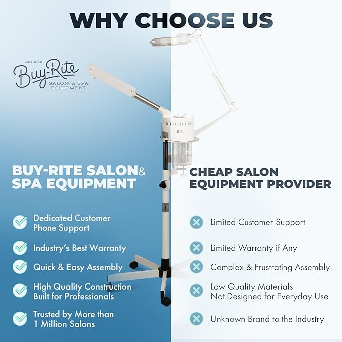 Buy-Rite 2-in-1 Marie Ozone Facial Steamer, 5 Diopter Magnifying Lamp, Fully Adjustable Height, 360' Swivel, Timer and Automatic Shut-Off, Large Star Base with Wheels, MEI-2001A-Velvo Beauty