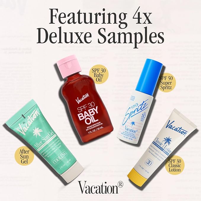 VACATION Sun Belt Sampler Kit, SPF 30-50 Sunscreen Pack, Includes Classic Lotion, Super Spritz Face Mist, Baby Oil, After Sun Gel, Festival Friendly Fanny Pack-Velvo Beauty