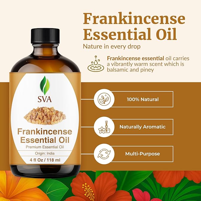 SVA Frankincense Essential Oil – 4 Fl Oz – 100% Natural Boswellia Serrata Oil - for Diffuser, Hair Care, Face, Skin Care, Aromatherapy, Scalp and Body Massage, Soap and Candle Making – with Dropper-Velvo Beauty
