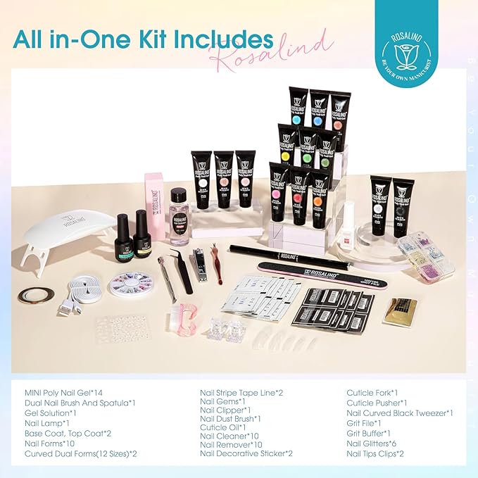 ROSALIND Poly Nail Gel Colors Kit -14 Colors +72 Nail Art Accessories kit Poly Nails Gel Kit Starter Kit with Mini UV Lamp Slip Solution Poly Nail Art Tools for Beginners with Everything-Velvo Beauty