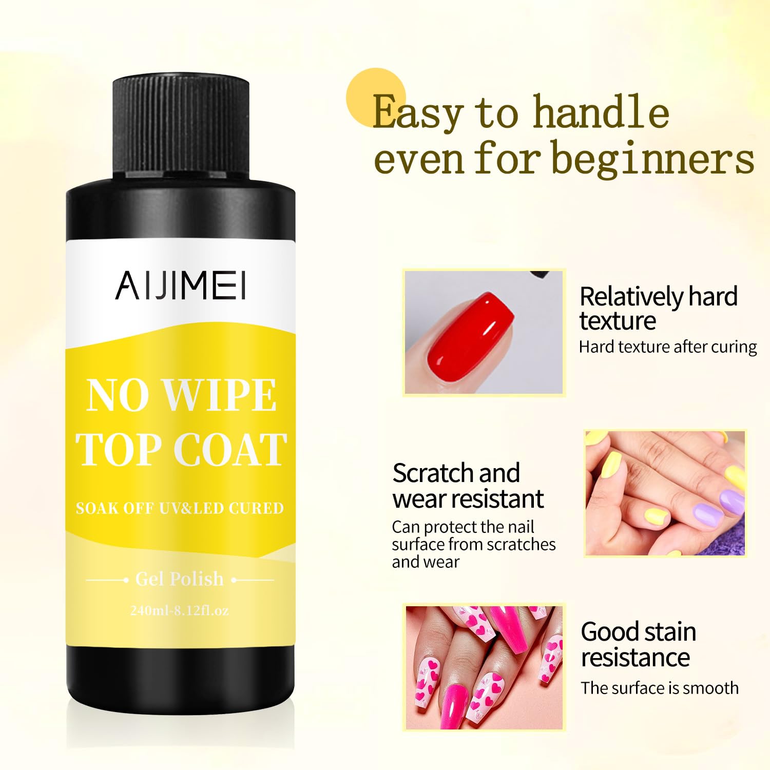 AIJIMEI 240ml Gel Polish No Wipe Top Coat Long Lasting Top Gel for Acrylic Nails,Gel Top Coat for Home DIY and Nail Salon Non-Wipe TopCoat for Gel Polish 8 Fl Oz-Velvo Beauty