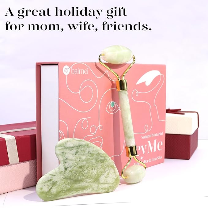 BAIMEI Jade Roller & Gua Sha Set Face Roller and Gua Sha Facial Tools for Skin Care Routine and Puffiness, Self Care Gift for Men Women - Light Green-Velvo Beauty