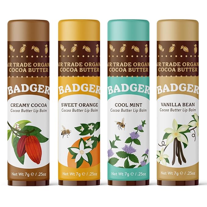 Badger - Cocoa Butter Lip Balm Set, Fair Trade, Certified Organic Lip Butter, Flavored, Cocoa, Vanilla, Orange, Mint, 0.25 oz (4 Pack)-Velvo Beauty