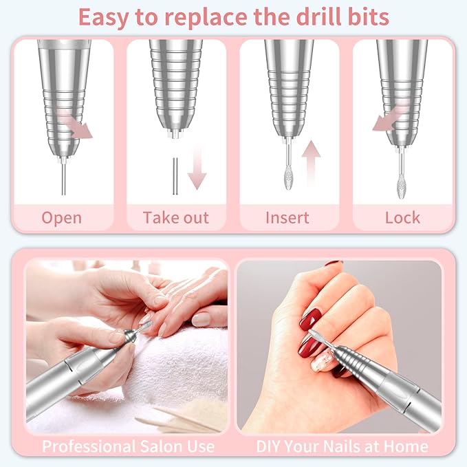 Portable Nail Drill Professional 35000 RPM, MOCOWIND Rechargeable Electric Nail File Machine E File for Acrylic Gel Polishing Removing, Cordless E-File with Bits Kit for Manicure Salon Home,Pink-Velvo Beauty