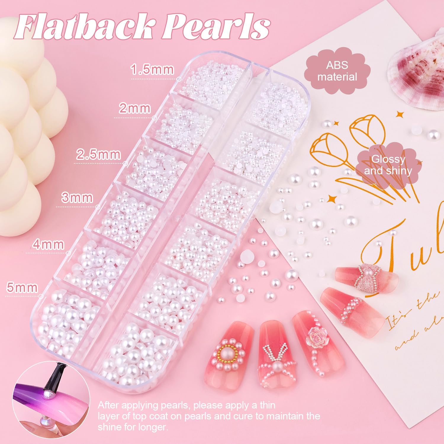 Pearls Nail Charms - White Flatback Pearls, 3D Flowers & Rhinestones Glue Gel for Nail Art-Velvo Beauty