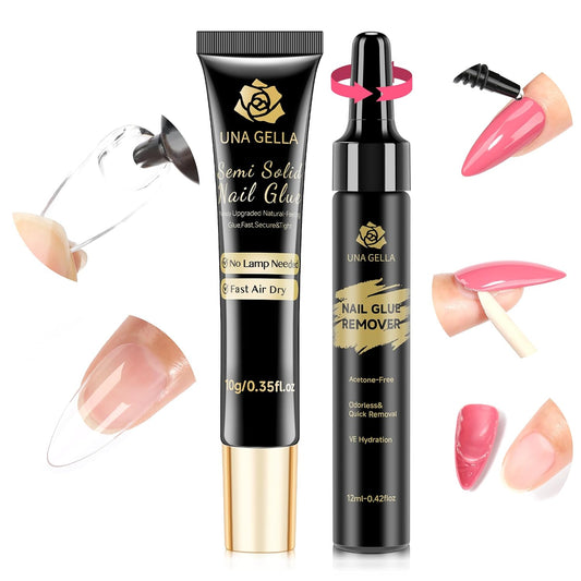 UNA GELLA Lamp-Free Semi Solid Nail Glue for Press Ons: 10ml and Soak Off Gel Nail Glue Remover for False Acrylic Nails 12ml, Super Strong G LUE Quick Removal Kit-Velvo Beauty
