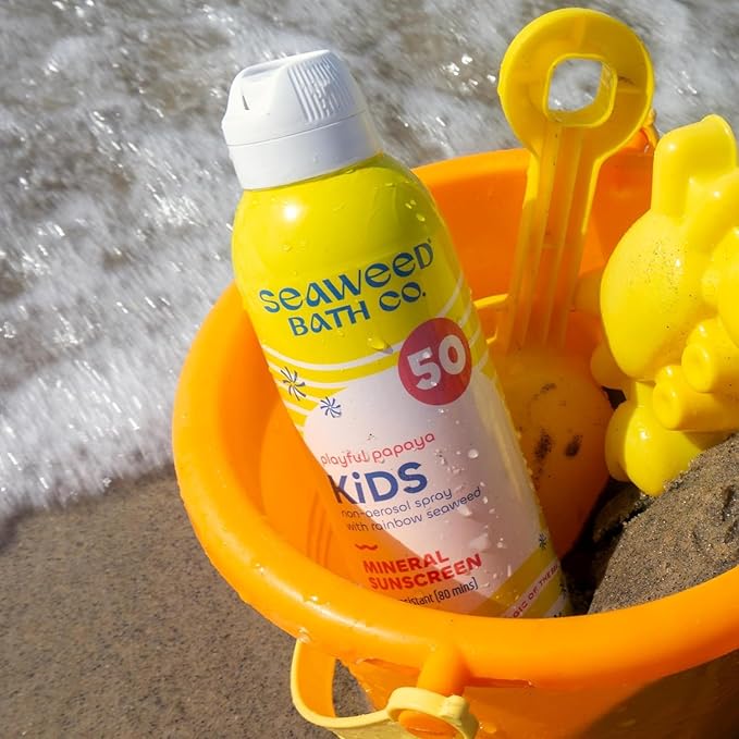 Seaweed Bath Co. Kid's Mineral SPF 50 Broad Spectrum Sunscreen Spray, 6 Ounce (Pack of 2), Papaya Scented, Water Resistant, Tear Free, Sensitive Formula, with Zinc Oxide, Rainbow Seaweed, Watermelon-Velvo Beauty