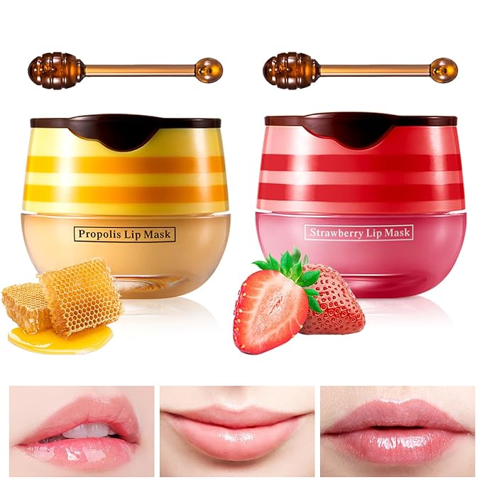 Lip Balm Honey Pot, Honey & Strawberry Lip Mask Propolis Moisturizing Lip Balm with Stick, Hydrating & Prevent Dry and Cracked Lip(2 Pcs)-Velvo Beauty