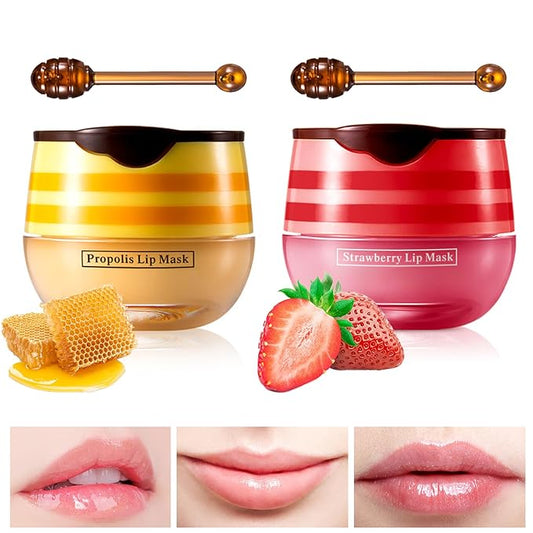 Lip Balm Honey Pot, Honey & Strawberry Lip Mask Propolis Moisturizing Lip Balm with Stick, Hydrating & Prevent Dry and Cracked Lip(2 Pcs)-Velvo Beauty