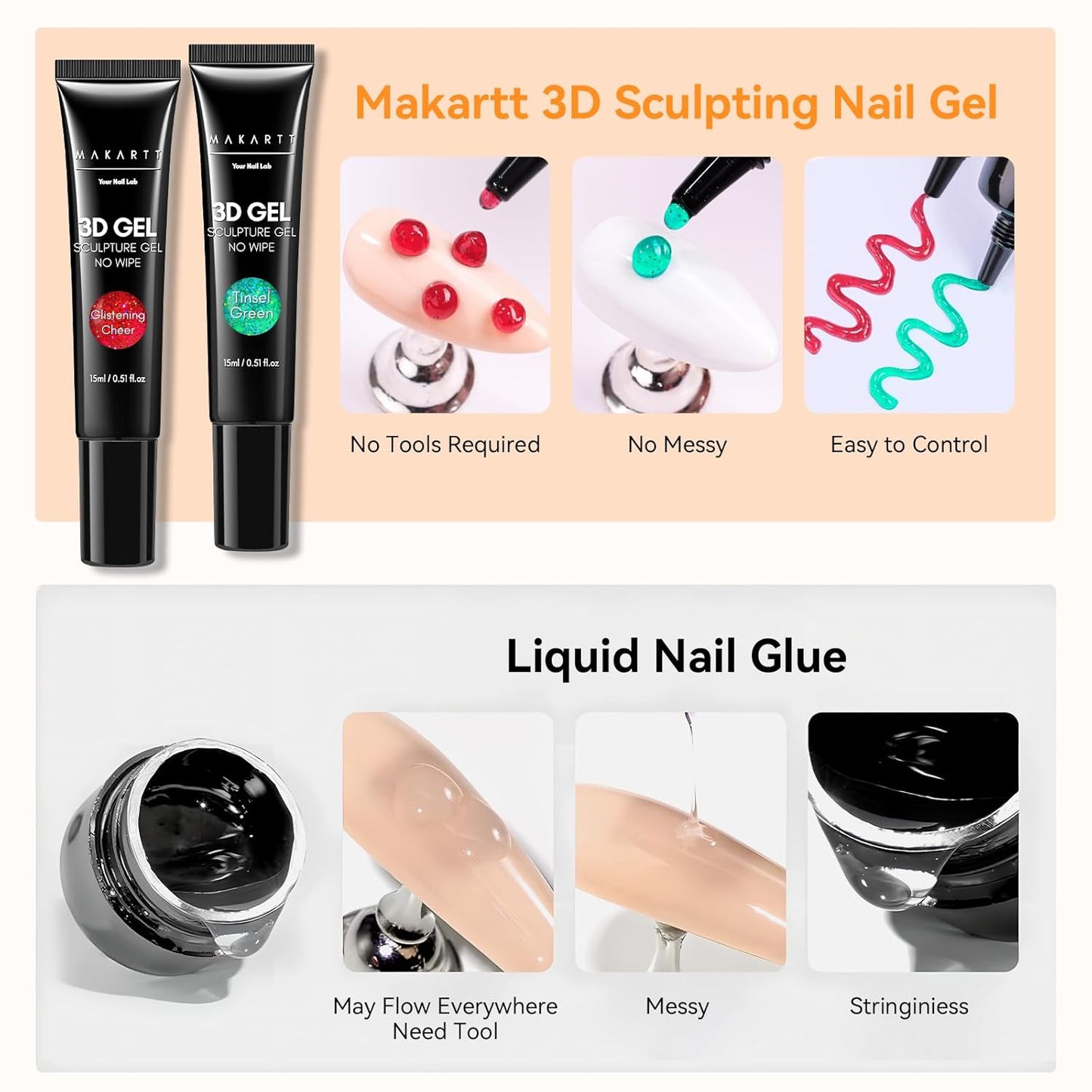 Makartt 3D Sculpting Gel for Nail Art Kit: 3D Nail Gel for Nail Art, 15ml No Wipe Polish for Molding Drawing, Embossed Gels for Nail DIY Manicure - Glistening Cheer & Tinsel Green (2PCS)-Velvo Beauty