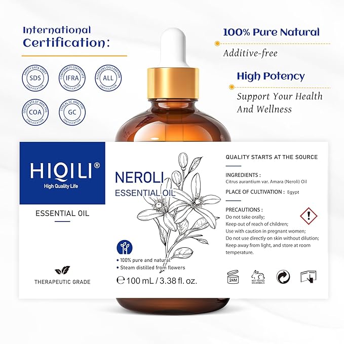 HIQILI Neroli Essential Oil 3.38 Fl Oz, Pure Natural Neroli Oil for Skin, Diffuser, Includes 10ML Travel Bottle - 100ML-Velvo Beauty
