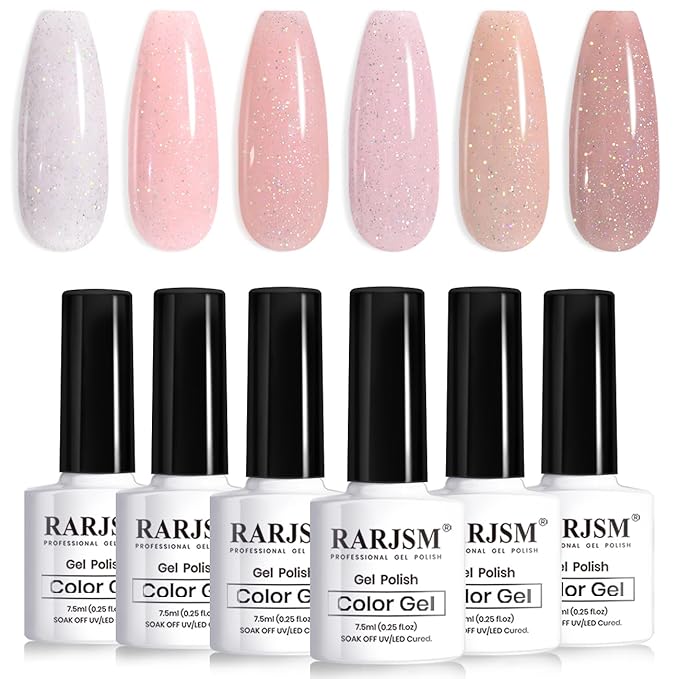 RARJSM Nude Glitter Gel Nail Polish 6pcs Set Sparkly Rainbow Shimmery Nail Gel Polish Iridescent Pigment Jelly Sheer Gray Pink Milky Peach Purple Translucent Natural Skin Tone Color 7.5ml Soak off-Velvo Beauty