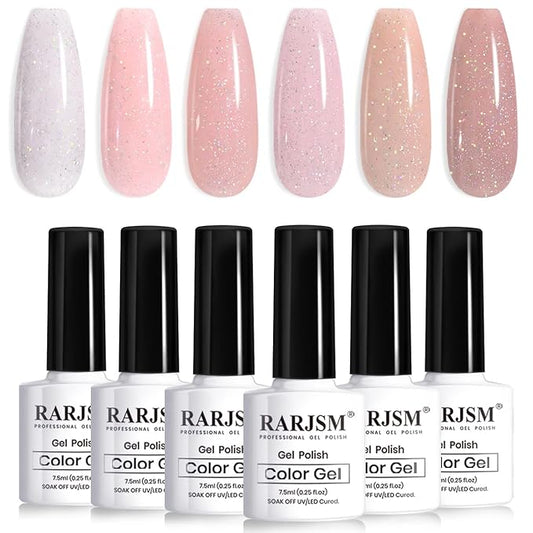 RARJSM Nude Glitter Gel Nail Polish 6pcs Set Sparkly Rainbow Shimmery Nail Gel Polish Iridescent Pigment Jelly Sheer Gray Pink Milky Peach Purple Translucent Natural Skin Tone Color 7.5ml Soak off-Velvo Beauty