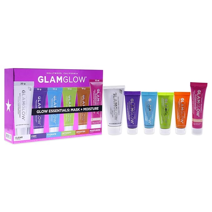 GLAMGLOW Glow Essentials Mask + Moisture Travel Set - SUPERMUD (0.7 oz), GLOWSTARTER NUDE (0.5 oz), GRAVITYMUD (0.35 oz), THRISTYMUD (0.35 oz), POWERMUD (0.35 oz) & FLASHMUD (0.35 oz)-Velvo Beauty