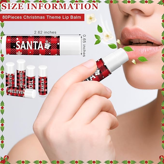 Sosation 80 Pcs Christmas Flavored Lip Balm Bulk Holiday Christmas Stocking Gift Set Celebrate Lip Balm Stick Beauty Lip Care-Velvo Beauty