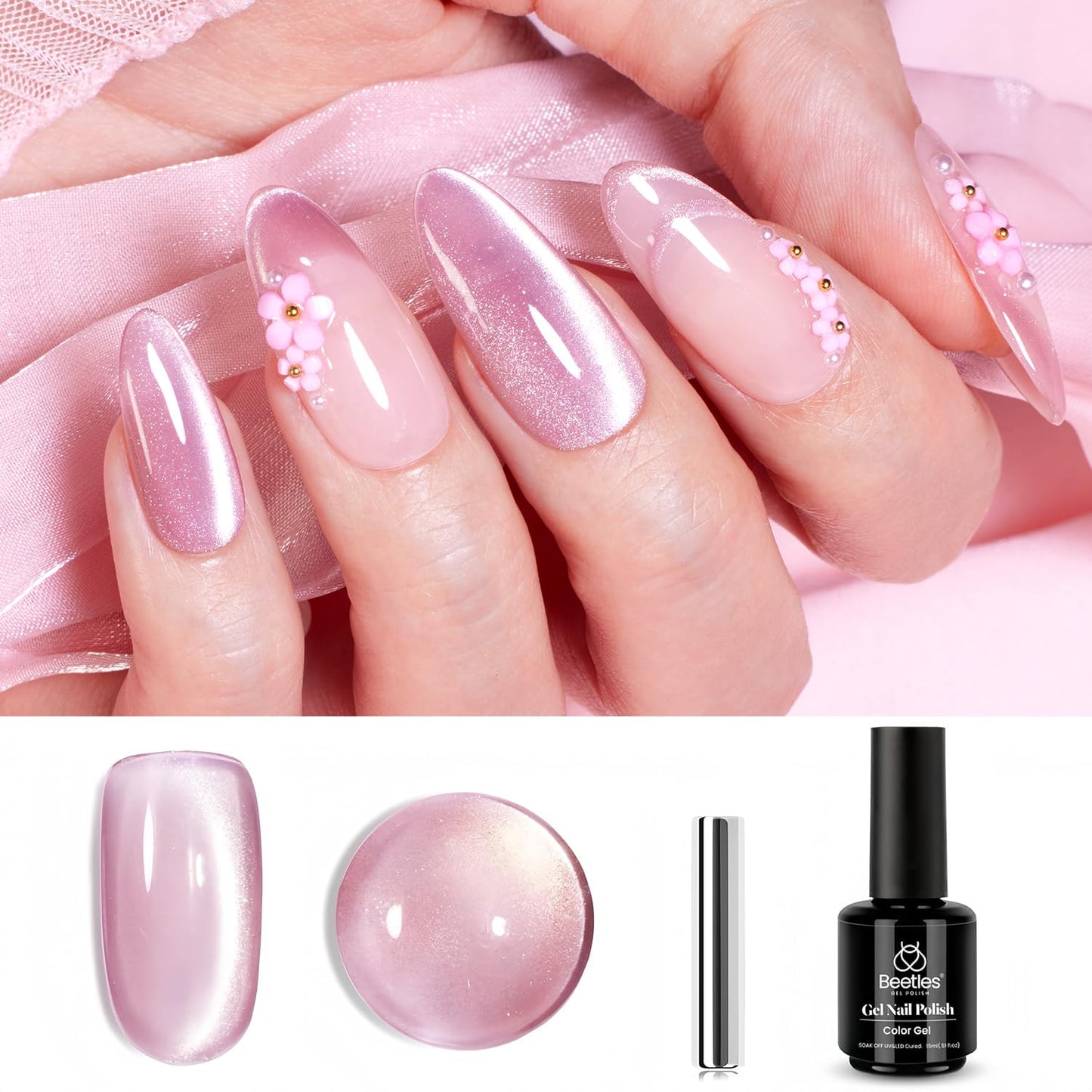 Beetles Cat Eye Gel Nail Polish, 15ML Pink Cat Eye Glitter Gel Nail Polish Holographic Pink Cat Eye Magnetic Reflective Translucent Gel Polish Nail Art DIY at Home-Velvo Beauty